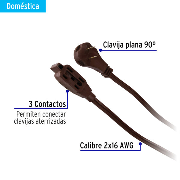 Extensión eléctrica doméstica 2 m café con clavija plana, Truper - Imagen 2