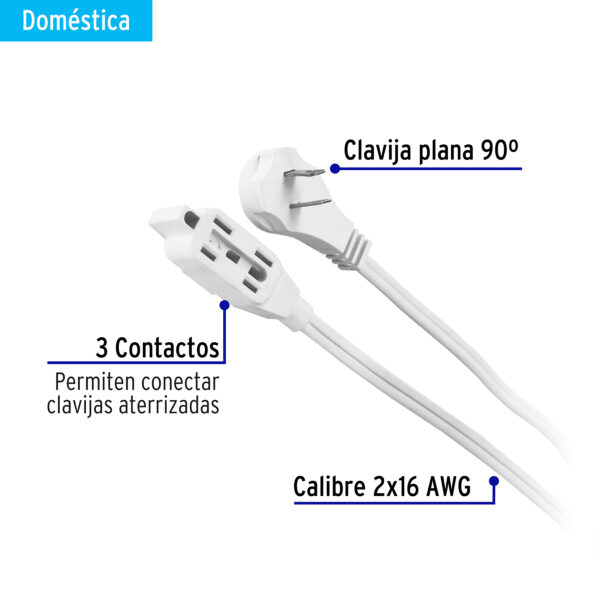 Extensión eléctrica doméstica 3 m blanca con clavija plana, Truper - Imagen 2