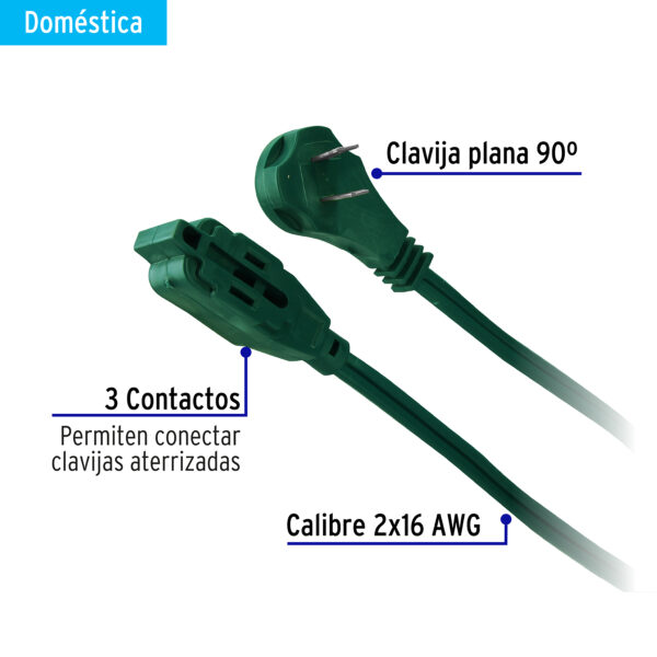 Extensión eléctrica doméstica 8 m verde con clavija plana, Truper - Imagen 2